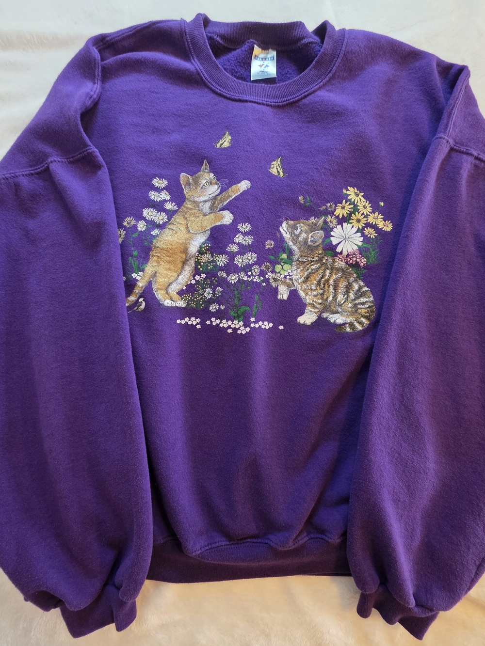 Jerzees 2X Cat & Butterfly Floral Crewneck Sweatshirt